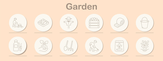 Garden set icon. Line symbols depict gardener mowing, soil bed, scarecrow, wooden crate, hay bale, bucket, spray container, seedling hand, shovel rake, digging work, plant pot, growing leaves © Anastasia