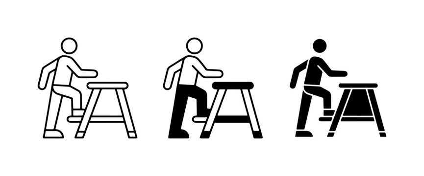 Person Climbing Step Stool Icons, Fitness Exercise, Progress, Achievement, Vector Graphics