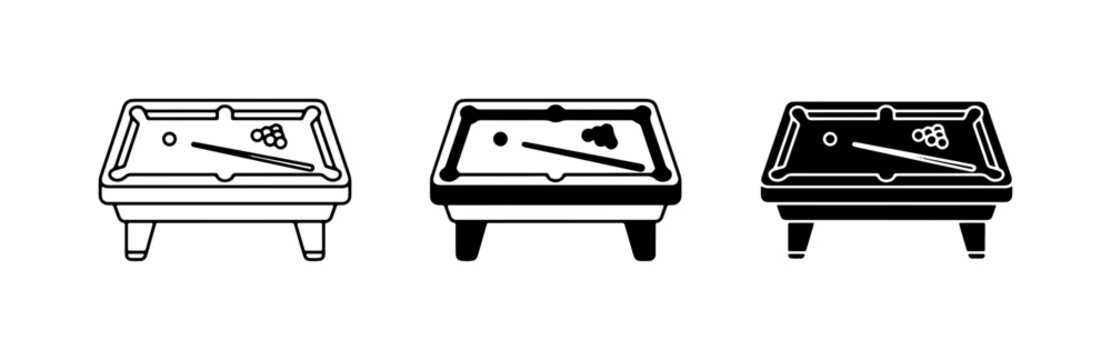 Billiard Table Icons, Pool Game Equipment, Sports Entertainment Vector Graphics