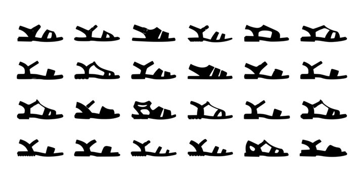 Sandals in Various Styles and Designs Displayed in a Grid Pattern. Featuring Footwear, Casual, Summer with Beach and Flat Elements for Strappy