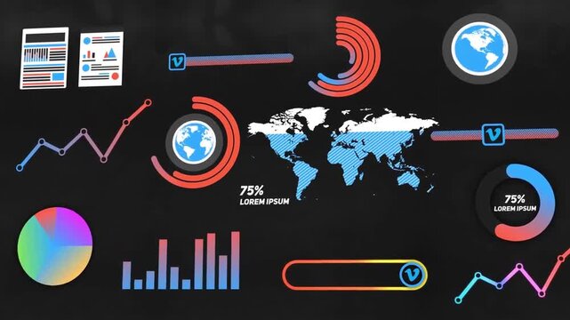 Global business infographics dashboard animation with world map charts and colorful diagrams, digital financial data growth report concept on dark background