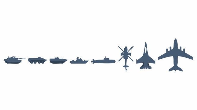 Military ground vehicles, naval vessels, and aircraft silhouettes set