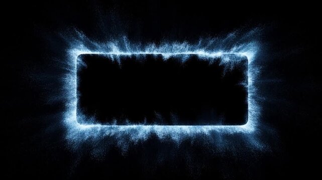 Slow motion static shot of blue particle rectangle frame expanding, flickering and radiating along edges on black background in abstract glowing energy border effect