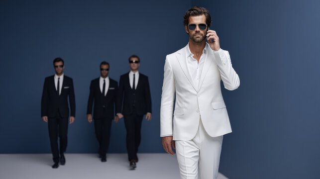 Man suit sunglasses phone bodyguard security studio backdrop, white jacket, black guard, blue background, full length portrait