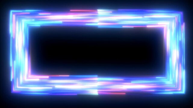 Static shot of animated neon light rectangle pulsing and sliding horizontal streaks forming glowing frame in dark studio environment