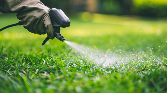 Worker applying pest control on lush green lawn for effective pest management solutions