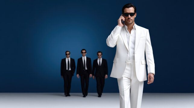 Businessman white suit sunglasses smartphone bodyguard security team escort walking forward on blue studio background, confident protection concept