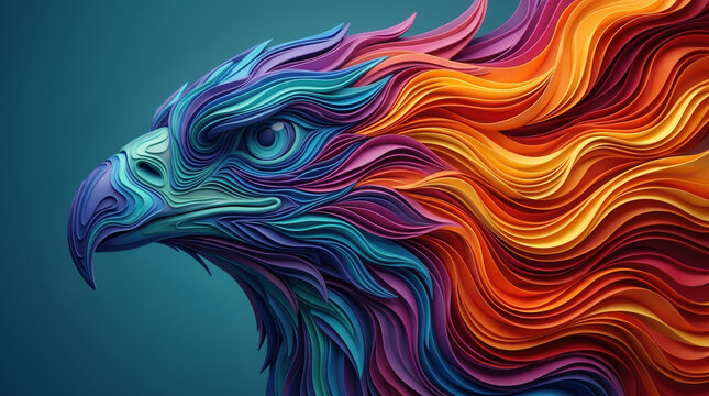 Colorful paper cut eagle portrait with layered flowing abstract feather patterns