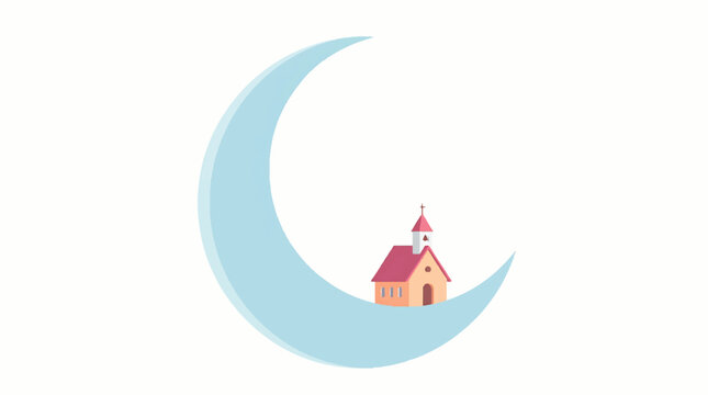An illustration of a small church sitting on a crescent moon at night