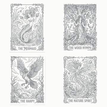 Mythical Creatures Tarot Cards: Mermaid, Wood Nymph, Harpy, Nature Spirit