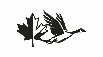 Obraz premium Stylized black and white graphic featuring a Canada goose in flight with wings spread, positioned alongside a prominent Canadian maple leaf.