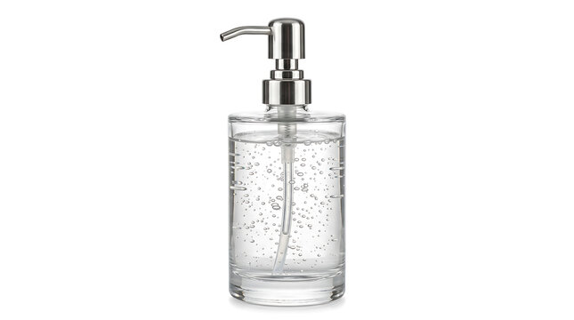 Clear soap dispenser with bubbles on white background