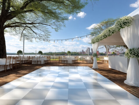 Outdoor wedding reception white dance floor lakeside canopy skyline beside water, floral arch, string light, bright afternoon calm mood