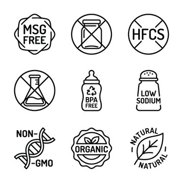 Healthy food label and dietary icon set including organic non gmo bpa free and msg free symbols with certification