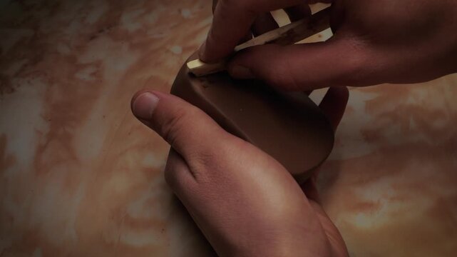Close-up of hands carving ancient symbols and scripts into a wet clay tablet using a wooden stick.