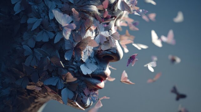 Human face dissolving into butterflies flying away, emotional concept of transformation, soft lighting, high detail surreal art