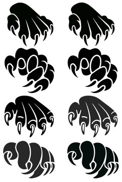 Black claw vector illustration set featuring sharp animal paw prints with aggressive pointed nails arranged in a clean grid pattern suitable for sports team logos or wild nature brand identity designs