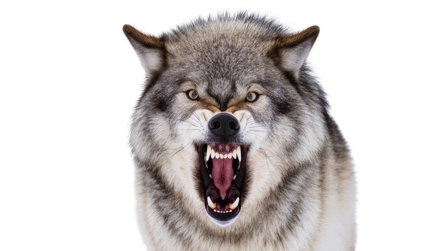 Fierce grey wolf snarling with bared teeth, isolated on transparent background