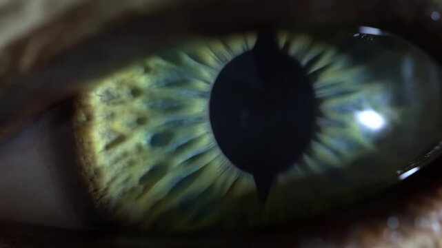 Macro tracking shot of eye iris and pupil constricting and dilating in close up studio medical setting with reflective highlights and radial texture