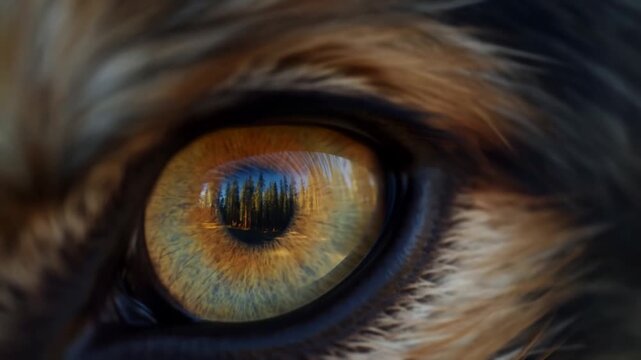 Extreme close up tracking shot of animal eye reflecting pine forest landscape at dawn with slow macro zoom and subtle focus shift