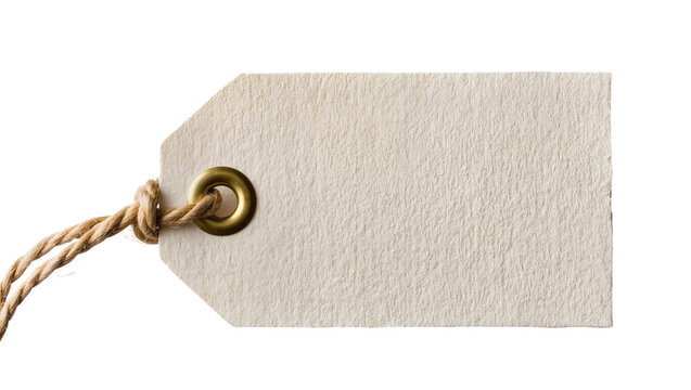 Blank beige paper tag with brass grommet and twine, isolated on transparent background