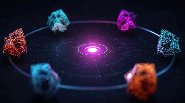 Glowing neon geometric nodes orbiting luminous core vibrant abstract black and white textured