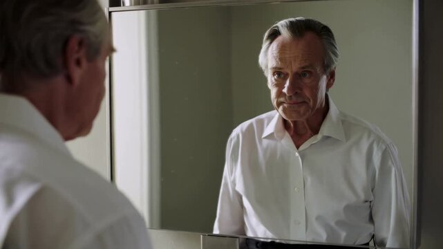 Older white man experimenting with different facial expressions in a mirror. Introspective lifestyle scene exploring identity, self perception, and emotional reflection.