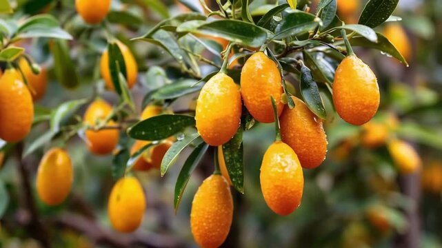 Kumquat fruit hanging on a branch with green leaves and water droplets