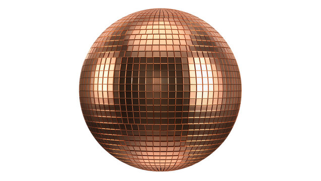 Shiny copper disco ball with many small square mirrors, isolated on transparent background