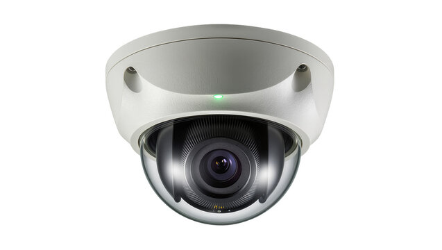 White dome security camera with green indicator light, isolated on transparent background
