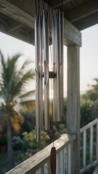 Wind chimes hanging on porch swaying in breeze, 916 vertical.