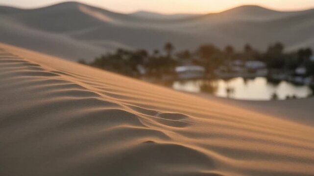 Panorama huacachina desert oasis at golden hour with dunes