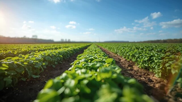 Young green crop rows and field blue sky and sunlight with city street golden hour pedestrians