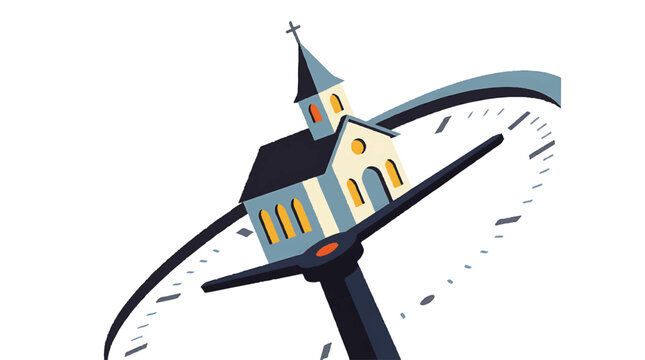 A church building spins rapidly around a central axis on a windy day outdoors.