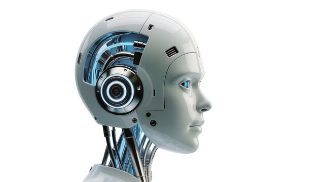 Humanoid robot head with exposed internal mechanics and blue glowing lights, isolated on transparent background