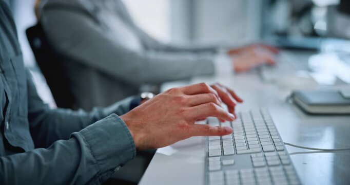 Hands, computer and employee with wrist pain in office, coworking and overworked with muscle tension. Business, pressure and person with injury after work accident, strain and typing on keyboard