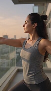 Woman stretching in sunrise yoga pose on balcony, 916 vertical.