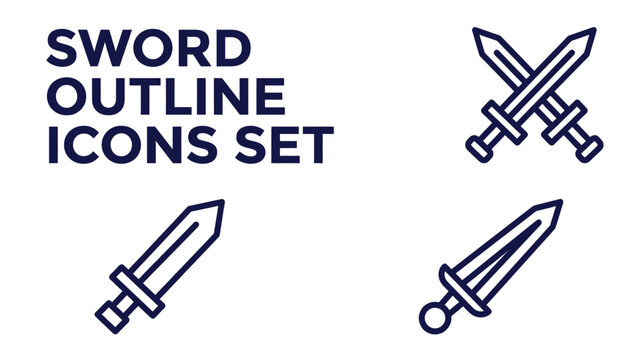 A set of four outline icons depicting various swords, including crossed swords and single sword designs, perfect for graphic resources.