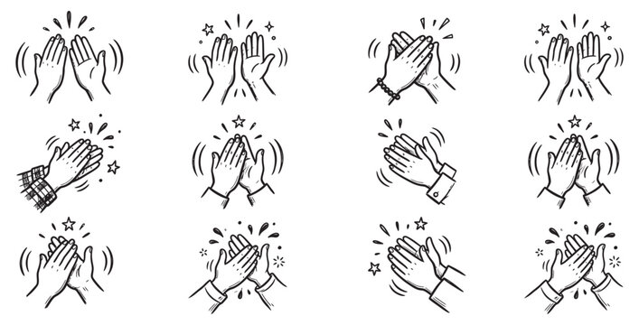 Collection of hand-drawn clapping hands icons representing applause and appreciation on transparent background
