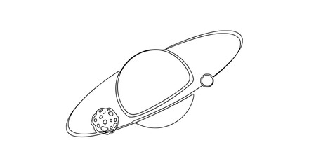 Saturn-like planet with rings and asteroid, simple line drawing, space, astronomy © Mam
