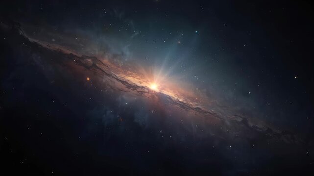 Young starburst illuminating dusty spiral lane and cosmic nebula galaxy core, glowing galactic disk