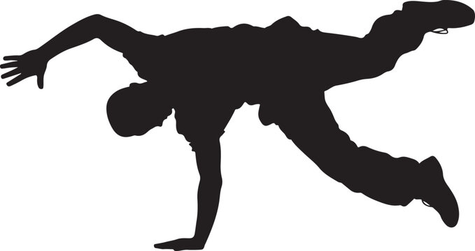 Silhouette of a breakdancer performing a freeze move, showcasing dynamic energy and athletic skill in a street dance style