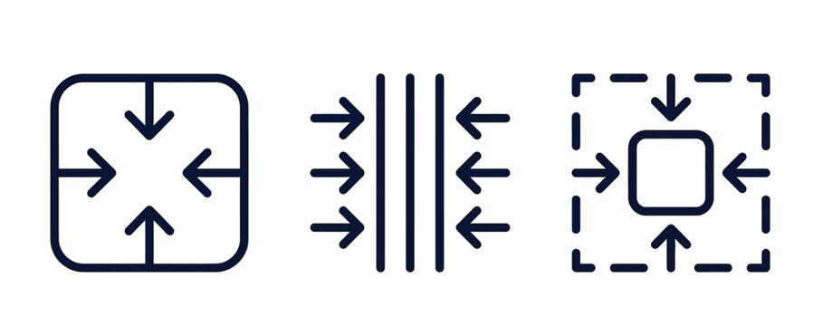 Three distinct line icons illustrating concepts of compression, shrinking, and minimizing, with arrows pointing inwards to signify reduction in size or space.