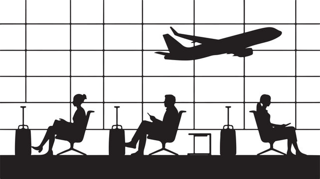 Silhouette of people sitting in the airport waiting room with luggage and an airplane flying in the sky outside the window