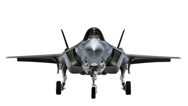 Modern stealth fighter jet with landing gear extended, isolated on transparent background