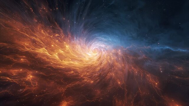 Glowing cosmic spiral nebula galaxy star space vortex of vibrant orange and blue swirling gas