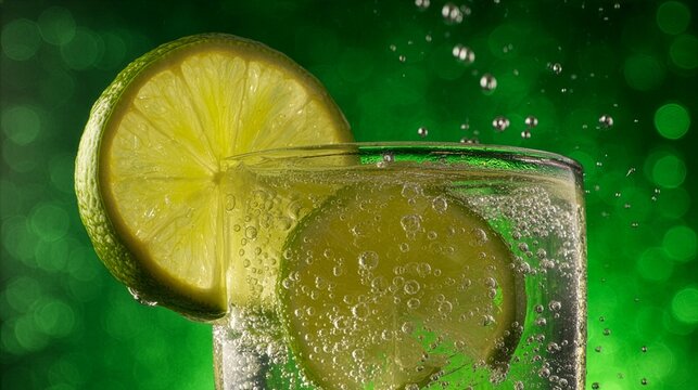 Macro close up of sparkling lime soda with a fresh lime slice and fizzy bubbles against a green bokeh background