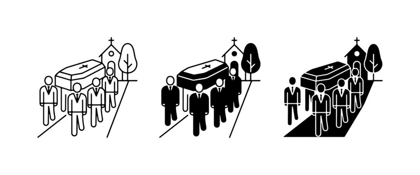 Funeral Procession Icons: Coffin Bearers, Church, Trees, and Mourners | Grief Symbols