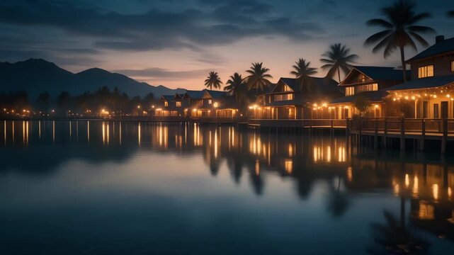 Panorama huacachina desert oasis with glowing twilight reflections