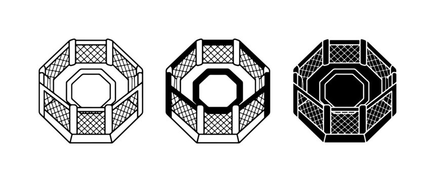Octagon Fighting Arena Icons, MMA Cage Vector Graphics, Combat Sport Battle Ring Illustrations